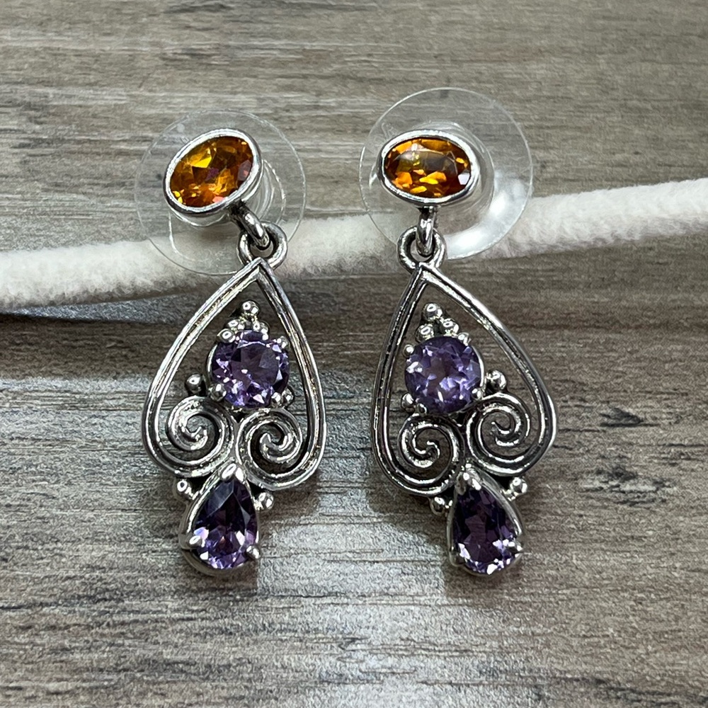 Nicky Butler Sterling Silver Amethyst Topaz Multi Gem Scroll Heart Drop Earrings